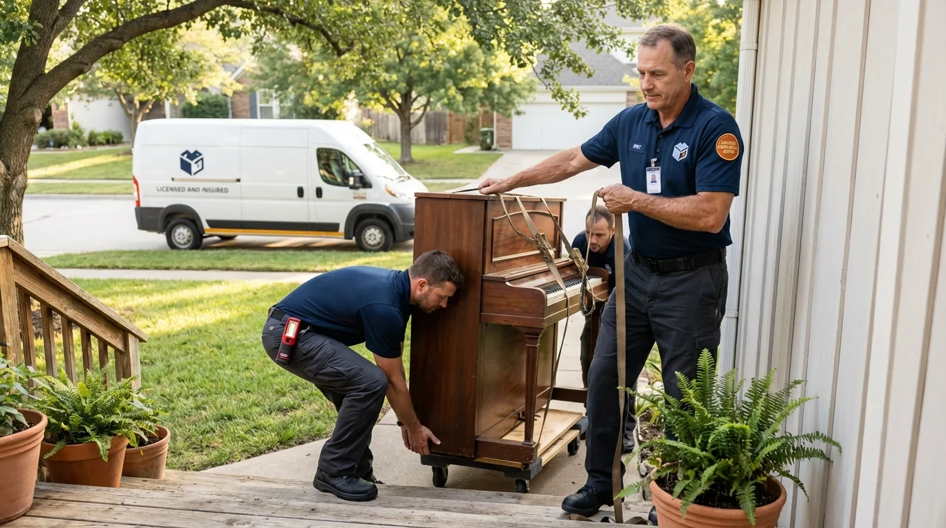 Licensed piano movers securing grand piano in Lapel, IN
