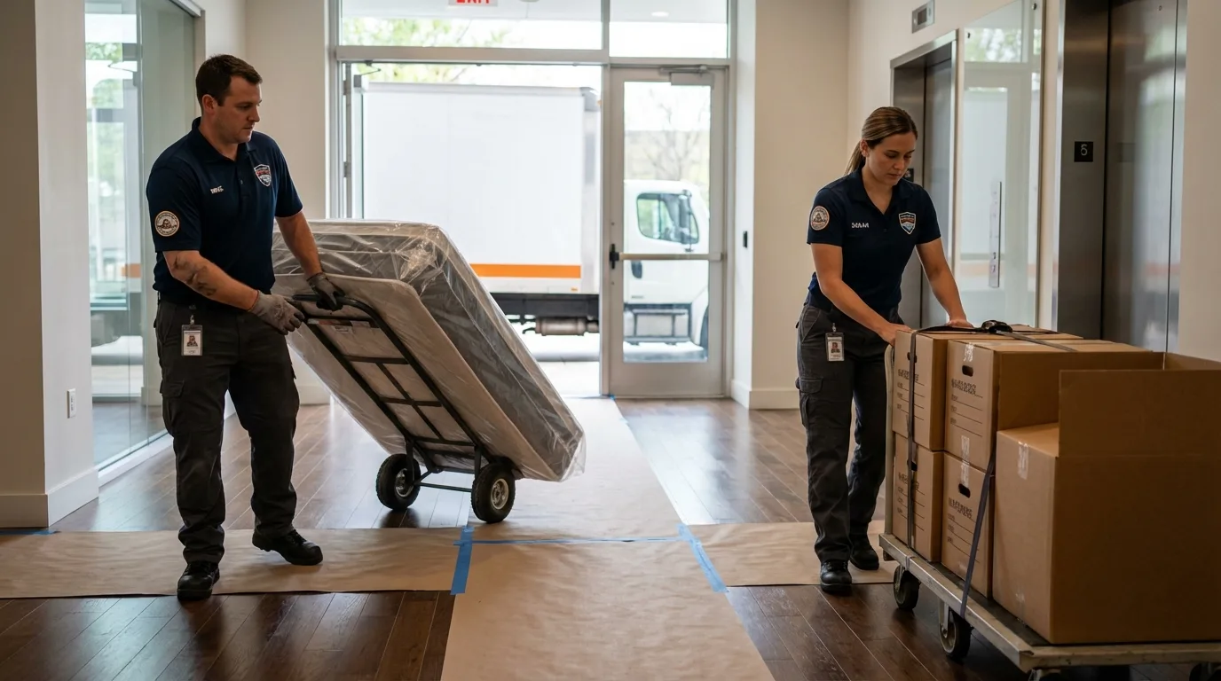 Professional apartment movers loading elevator in Lapel, IN